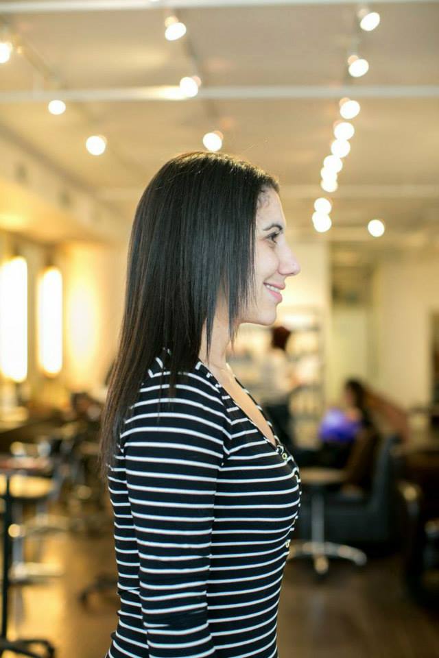 Before K tip extensions: brunette hair, side view · facing right