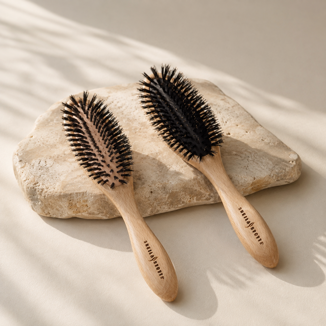 Two Sheila Stotts wooden brushes on warm natural stone in soft light